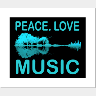 Peace Love Music Guitar Lake Shadow Hippie Posters and Art